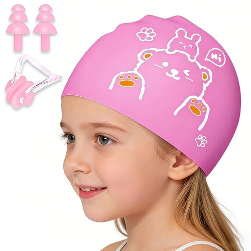 Kid Swimming Cap Silicone, 3 in 1 Kids Swim Hat Set with Earplugs & Nose Clip, Waterproof Anti Slip Elastic Swimming Cap for Boys Girls, Fit Long Short Hair Pool Beach Swim Lessons