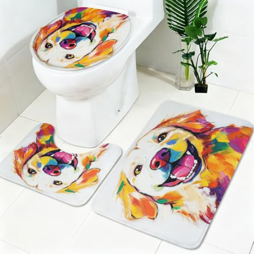Juego de Alfombras de Baño 3 Piezas Animal Dibujo de Golden Retriever Antideslizante Absorbente Set de Alfombra de Baño con Contorno en U y Funda para Tapa de Inodoro