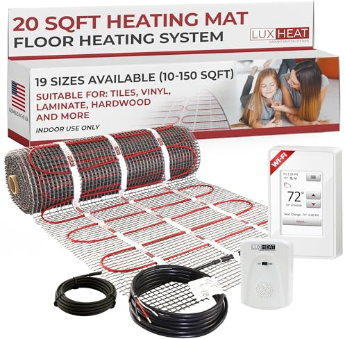 LuxHeat 20sqft Floor Heating Mat Kit - 120v Infloor Heating System - Electric Radiant Heated Flooring System for Tile & Laminate - Includes UWG4 WiFi Programmable Thermostat w/GFCI, Alarm & Sensor