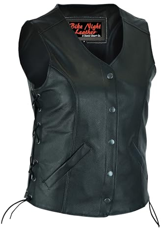 Daniel Smart Motorcycle Vest for Women Open Neck Leather Vest with Unique Design and Inside Carry Pockets