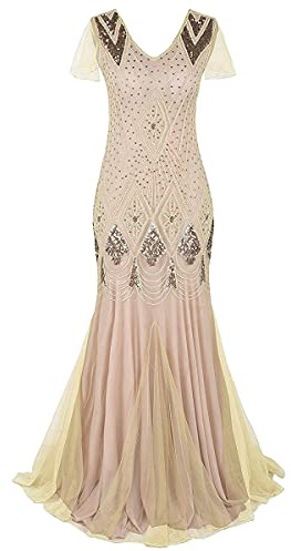 Flapper Dresses 1920s Gatsby - Womens Vintage V Neck Art Deco Beaded Sequin Mermaid Hem Formal Evening Party Dresses Plus Size Cocktail Maxi Gown Prom Halloween Fancy Dress Costume