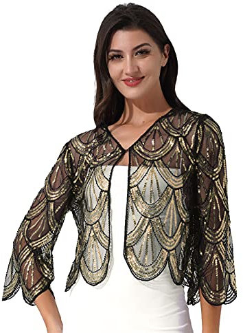 inlzdz eleganta damer paljetter bolero cardigan långärmad kofta spets kort topp armhålor axelväska festlig crop top cocktail boll festklänning, Guld, one size
