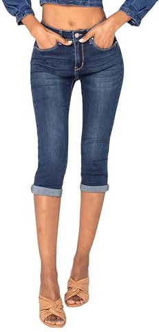 Nina Carter P132 Jean Capri Skinny Fit pour Femme Pantacourt Taille Haute Effet Usé et Lavage, Bleu Foncé (P132-1), XXL