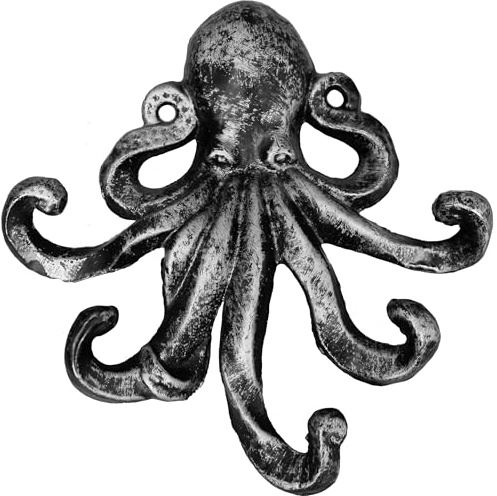 JJ PRIME - Octopus Key Holder for Wall | Animal Decor Key Hooks for Wall | Key Hooks Wall Mounted | Octopus Ornament Cast Iron Hooks - Decorative Coat Hooks for Entryway, Hallway, Office (Silver)
