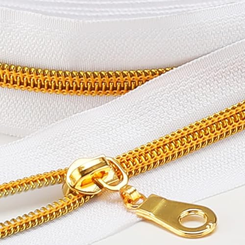 The Yards - Cremallera de bobina de nailon blanco con dientes dorados, cremallera de costura de repuesto con 10 deslizadores para bolsas de manualidades