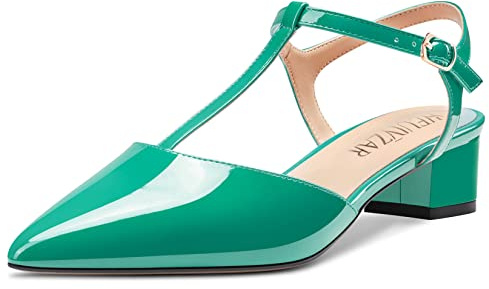 HEUIVZAR Donna T-strap a Punta Pumps Sandali Basso Blocco Chunky Tacco Heel Cinturino alla Caviglia Slingback Verniciata Dress Scarpe Smeraldo Verde 3.5 CM 36 EU