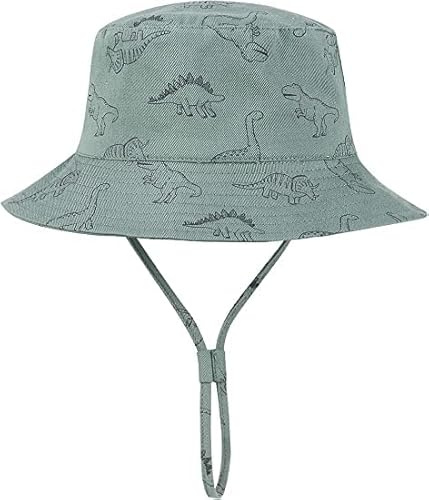 Magwave Baumwolle Sonnenhut für Kinder, Breite Krempe Dinosaurier Fischerhut mit Verstellbarem Kinnriemen, UV-Schutz Sommerhut für 0-8 Jahre Baby und Kinder (54, 4-8 Jahre, Grüner)