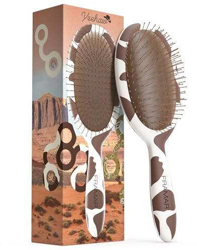 FRAMAR Curly Hair Detangler Brush – Detangler Brush For Curly Hair Cow Print Hairbrush For Curly Hair, Wet Hairbrushes For Woman, Womens Hair Brush For Thick Hair Cute Cow Stuff Brush Hair - Cow Print