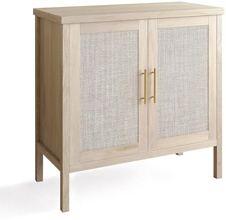 VOWNER Mobile Contenitore in Rattan, Credenza, Credenza con Ante Decorate in Rattan, Mobile per Corridoio, Ingresso, Soggiorno, Color Legno