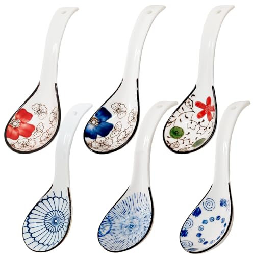 Holdyfine Asiatische Suppenlöffe aus Keramik, Chinesische Suppenlöffel 6.3 Zoll,Langem Griff Löffel Set für Knödel, Reisnudeln, Wonton,Nudeln und Suppen,15.5 * 4.5cm(6 er)