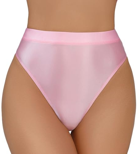 Happy Cherry Femmes Brillant Huileux String Culotte Sexy Taille Haute Sans Couture Invisible Couleur Unie Hipster Culotte, Rose, XL