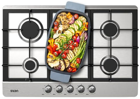 Svan Encimera de Gas Inox SGW57500X. Potencia máx. 4 kW, 5 Quemadores, Quemador WOK triple llama, sistema Ignición Automática, Parrillas Forjadas, Kit Conversión Gas Natural