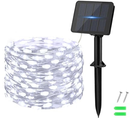 Dalugo Guirlande Solaire Exterieur, 5M 50LED Blanc Froid Guirlande Lumineuse Exterieure Solaire Résistant aux Intempéries Fil de Cuivre pour Jardin, Terrasse, Cour, Arbre, Fête, Anniversaire, Noël