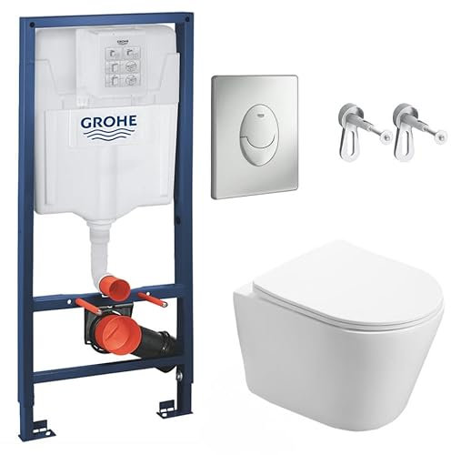 WC Suspendu Pack Complet Accessoires - Pack WC Grohe Bâti-support, WC SAT Infinitio sans bride fixation invisible, Plaque chrome mat, Abattant WC,Cuvette Toilette, Chasse d'eau Wc, Mécanisme