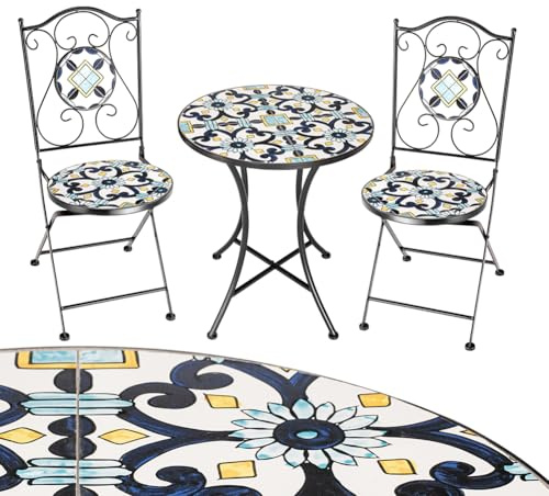 BAKAJI Set Tavolo 60 x 70 cm + 2 Sedie Pieghevoli con Decorazione Mosaico, Tavolino Resistente Salvaspazio per Arredo Esterno, Giardino, Terrazzo, Struttura in Metallo Colore Nero (Design 2)