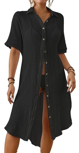 Bsubseach Bomull långa strandskydd för kvinnor sommar button down simning badkläder baddräkt coverup, svart, M