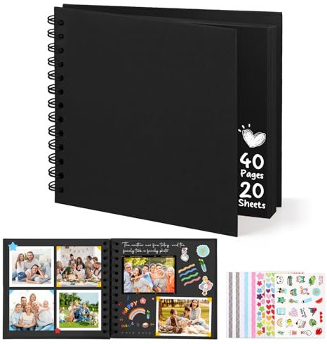 DazSpirit Album Fotografico Personalizzabile, 6-inch Album Foto, Scrapbook Quadrato con Copertina Rigida con 5 Adesivi, Album Fai Da Te per Matrimoni, Neonati e Anniversari, 40 Pagine, Nero