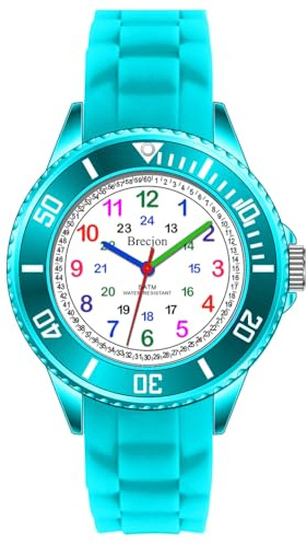 Brecjon Montre d'apprentissage pour enfant garçon et fille - En silicone - Étanche jusqu'à 5 ATM - Bracelet en silicone, Turquoise/cadran d'apprentissage