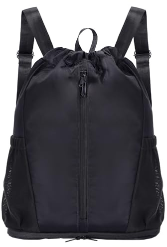 sportsnew Drawstring Gym Bag for Men Women, Water-Resistant Swimming Bag with Shoe Compartment, Sports PE Backpack for School Travel Fitness, Black (Patent Pending)