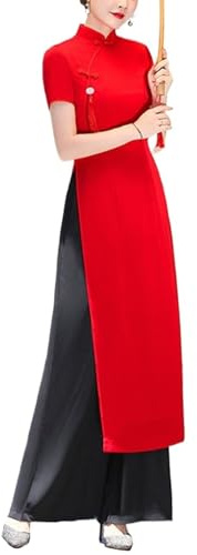 SXTYYH Ao Dai Cheongsam Vietnamesisk Klänning for Kvinnor Elegant Qipao Kinesisk Traditionell Klänning Sommar Hanfu for Dagligt Bruk(Red,XXL)