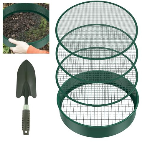 OROMYO - Tamiz de jardín redondo 4 en 1, 30 cm, acero inoxidable, con 4 tamices intercambiables y pala de jardín, tamiz para tierra, compost, semillas, arena