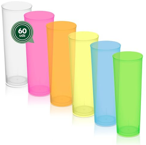Maxi Products - Vasos Tubo Cubata de Plástico Reutilizables Multicolor 300cc para Fiestas, Eventos y Celebraciones - Irrompible y Reciclable