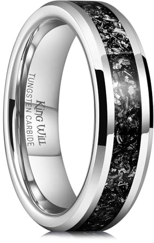 King Will Fede nuziale da uomo in tungsteno con intarsio meteorite, 6 mm 8 mm, anello di fidanzamento lucido per coppie, anello di promessa per donne, vestibilità comoda, U 1/2(63.36mm), Carburo di