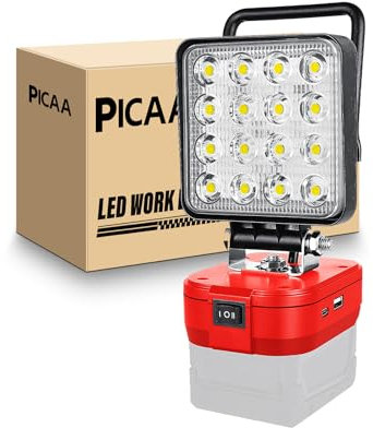 PICAA Cordless LED Work Light, 48W 4800LM 6500K Portable Floodlight for Milwaukee 18V/20V Battery, Type-C&USB Charging - Ideal for Outdoor Workplace Camping, Hiking & Construction Sites(No Battery)