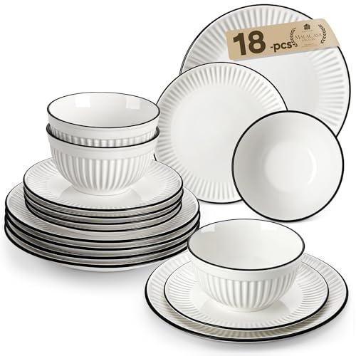MALACASA 18-Piece Embossed Porcelain Dinner Set for 6, Includes Dinner Plates & Soup Bowls, Chip and Scratch Resistant, Microwave and Dishwasher Safe, Elegant White and Black Rim, Series Leila