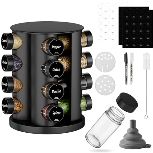 FNLLC Runder Schwarzer Gewürzregal Mit 16 Schwarzes Gewürzgläser Rund, 360° Drehbarer Edelstahl Gewürzkarussell, Gewürz Organizer,Gewürzständer Stehend, Gewürzdosen Mit Streueinsatz, Gewürzglas