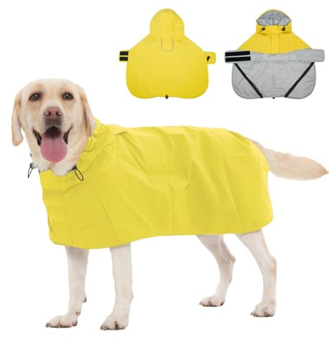 Hjyokuso Regenmantel Hund XL, Wasserdicht Hunderegenmantel mit Kapuze, Reflektierende Elemente, Verstellbar, Hundejacke mit Beinschlaufen & Leinenöffnung für kleine mittelgroße große Hunde Gelb