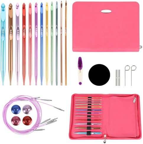 Lot de Crochet Tunisien Interchangeable, 12 Aiguilles à Tricoter Tunisiennes avec Câble et Accessoires, 12 Tailles 3,0-10 mm, 4 Longueurs Câble 40–100 cm, Set d'Aiguilles en Aluminium pour Débutants