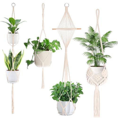 AKONE 4 stycken makramé, hängande inomhus, boho-dekoration, makramé, vägghängande hängande hängande lampa med krok, hängande kruka för växter, boho rum dekoration, blomkruka, hängande för trädgård