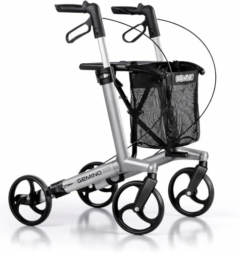 Helping Hand GEMINO 30 M Rollator, Walker, Walking Aid Adjustable Height, Scarlett Red, Carbon Fibre, Lightweight Walking Frame with Seat & Bag (Silver, Gemino20)