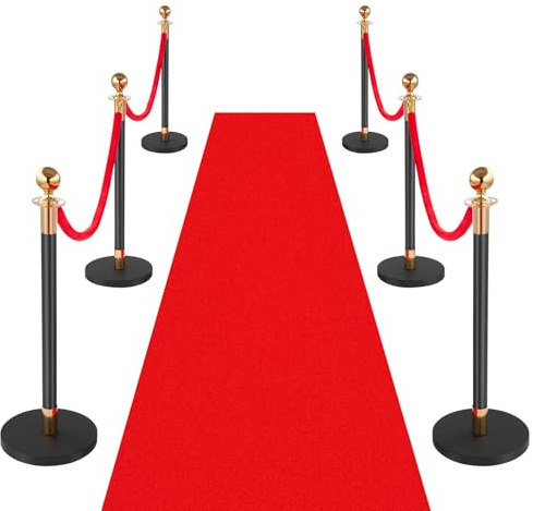 VEVOR Avstängningsstolpe 6 delar, personledningssystem set med röd matta (10 m) och 4 röda sammetslinor (1,5 m), avstängningsstativ med påfyllningsbar sockel för konserter utställningar hotell, bios