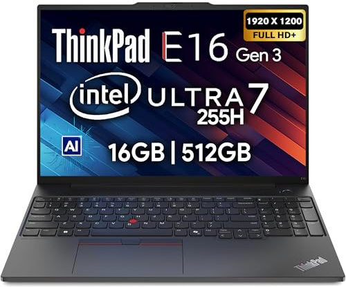 Lenovo ThinkPad E16 Gen 3, 16 FHD+, Intel Ultra 7 255H, 16GB DDR5 RAM, 512GB NVMe, Fingerprint, Backlit Keyboard, WiFi 6E, RJ-45, FHD Webcam, Windows 11 Pro, AI Business Laptop - Black