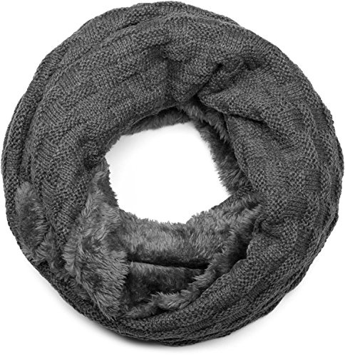styleBREAKER warmer Feinstrick Loop Schal mit Flecht Muster und sehr weichem Fleece Innenfutter, Schlauchschal, Unisex 01018150, - Dunkelgrau, Einheitsgröße