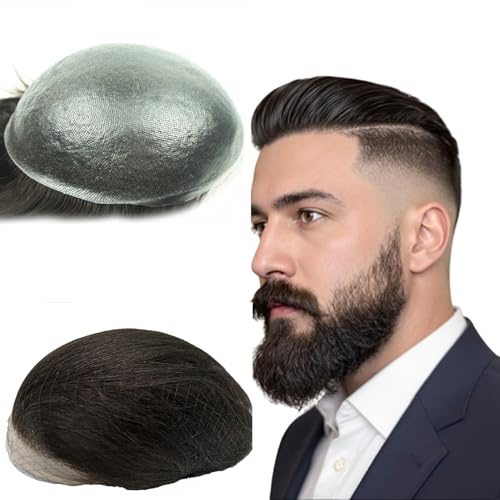 NLW Human Hair Toupee for men 0.04mm PU Skin Silicone toupee Hair prosthesis hair replacement system Gents hair piece Straight hair piece for man 10x8 base Men's wig #1b Off Black