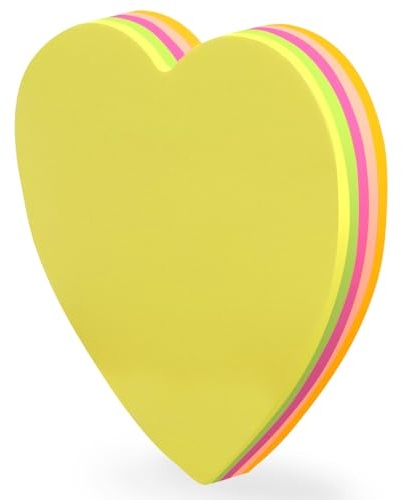 Bloc note cœur adhésif repositionnable, Bloc mémo 100 feuilles de 5 couleurs fluo, format 7x7cm