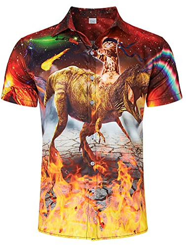 RAISEVERN Cat Dinosaur Hawaiian Shirts 3D Printed Festival Funny Ugly Red Galaxy Rave Mens Loud Funky Bad Taste Shot Shirt Crazy Stag Party, XXL