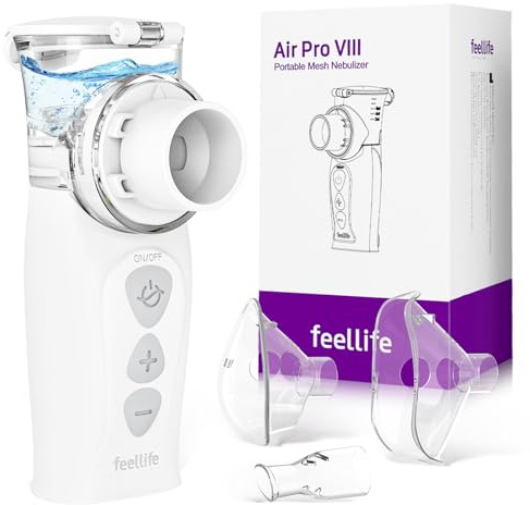FEELLIFE Nebulizador Portatil Tasa de Atomización Ajustable, Nebulizador Adultos y Bebe para Tratamiento de Tos Asma, Enfermedades Respiratorias, Nebulizador malla vibración Silencioso