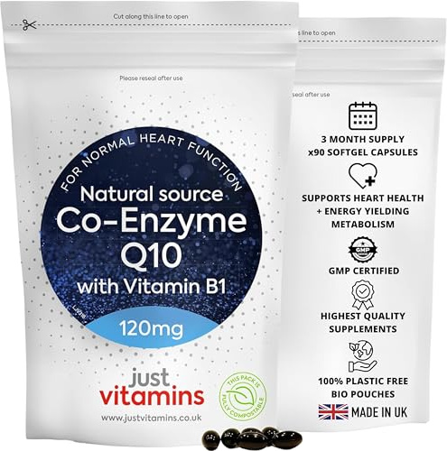CoQ10 Supplement 120mg + Vitamin B1 | 90 Softegel Capsules | Heart Health & Powerful Antioxidant | Naturally Fermented CoEnzyme Q10 | UK Made - Just Vitamins
