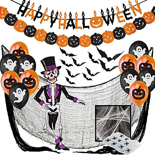 Decorazioni Halloween Casa XXL - Festone Happy Halloween, Festoni, Palloncini, Ragnatela, Pipistrelli 3D, Scheletro Articolato, Straccio Raccapricciante Nero Panno di Stoffa Spaventoso