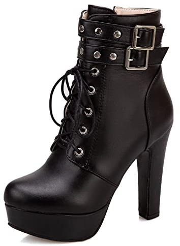Lroey Reoly Stivaletti da Donna con Tacco a Blocco, Stivali da Festa Tacco Alto Punta Rotonda Polacchine Plateau Zip 159 Nero Numero 35 EU