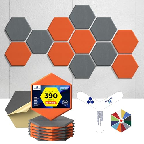 Dexmoko Self-Adhesive Acoustic Panels [390 lbs/yd³ Ultra-High Density], 2nd Generation Sound Absorbing Panel, Professional Level Sound Panel, Polyester Soundproof Foam [Size L, Orange & Moon Grey]