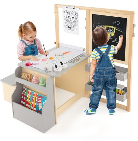 COSTWAY Set 3 in 1 Tavolo e Sedie per Bambini 3+ Anni, Tavolo in Legno Sicuro con Lavagna Cancellabile, Magnetica, Cavalletto Regolabile, Libreria e Accessori Artistici, per Disegno (Grigio)