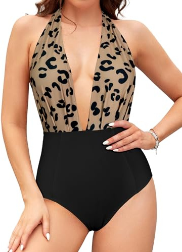 SHEKINI Mujer Traje de baño Una Pieza Profundo Cuello en V Halter Ajustables Monokini One Piece Retro Control Abdomen Slim Bañador Ropa de Playa