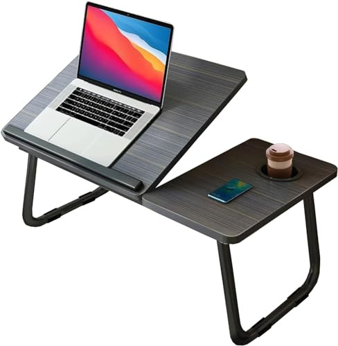 KKTECH Laptop Tray with Adjustable Angle, Space-Saving Bed Table with Foldable Legs, Cup Slot, Book Holder, Reading Stand, Versatile Laptop Table for Bed Use (BLACK)