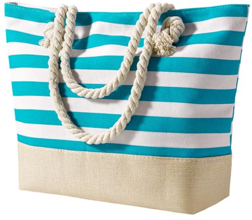 Zuimei Beach Bag,Waterproof Tote Bag Canvas Summer Bags Beach Travel Handbag Stripe Shoulder Bags for Womens Girls Pool Vocation Travel School Work Shopping