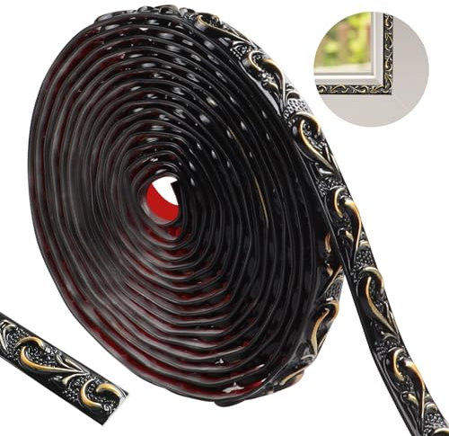 ztowoto 600cm Flexible Coving for Ceilings- Self Adhesive Wallpaper Border, Waterproof Moulding Trim 3D Vintage Pattern, Peel and Stick Wall Border for Home Decoration（Black with Gold-2cm）